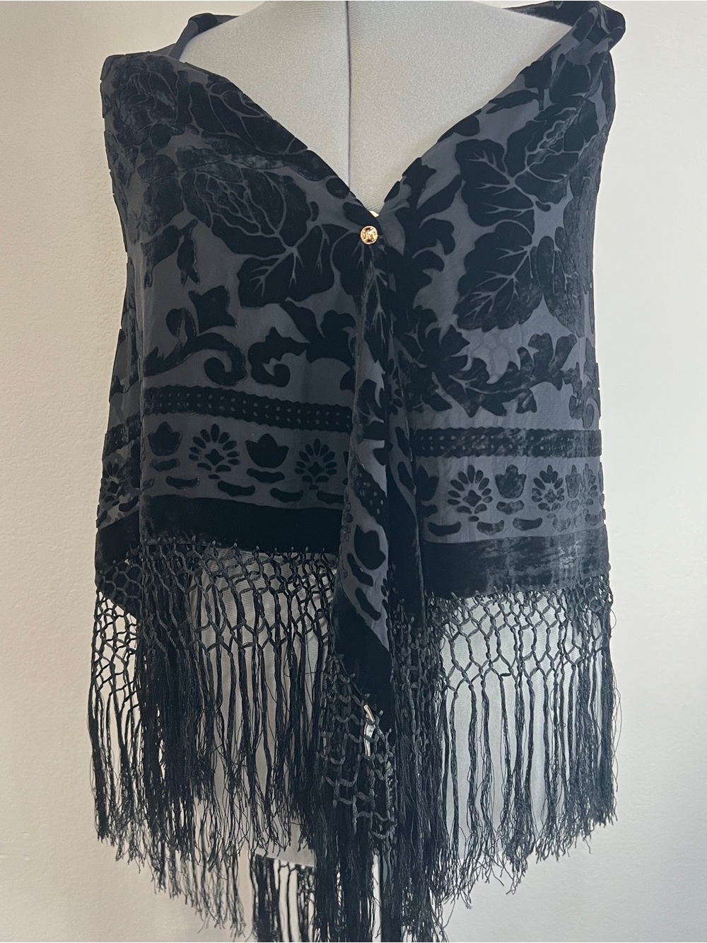 XXIST Black Burnout Velvet Rose Floral Fringe Shawl Wrap 42”